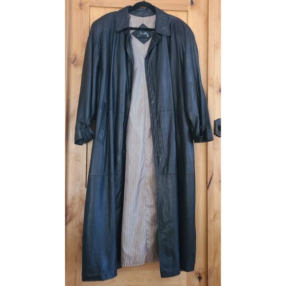 Italian Design J Walden Vintage Leather Trench Coat Sz 40 Black 52" Long‎ - Picture 3 of 11